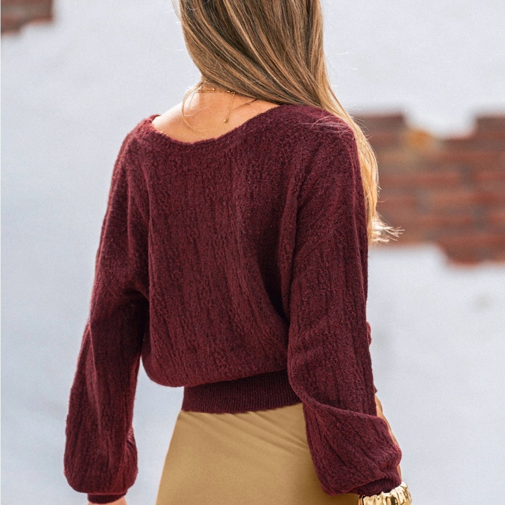 Cupshe Women's Burgundy V-Neck Reversible Sweater - Picture 3 of 11